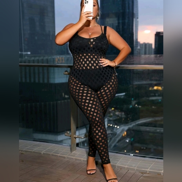 Black Hollowed Out FishNet Jumpsuit - Picture 2 of 5